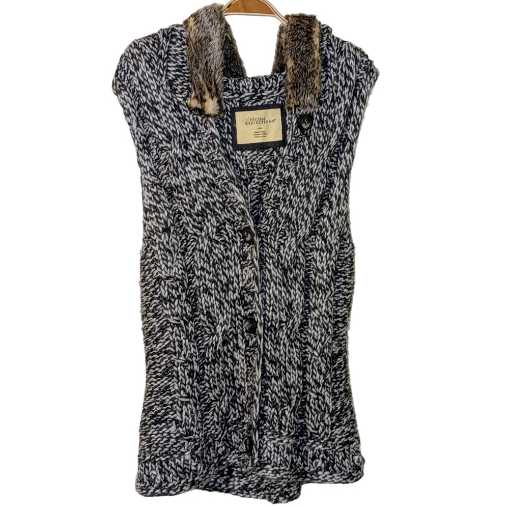 Natural‎ Reflections Cable Knit Faux Fur Trim Vest Sleeveless Charcoal Gray L